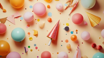 A creative composition of colorful party hats, balloons, confetti, and banners, shot in a flat lay style with soft, natural lighting and a slight overhead angle for a clean, playful vibe 