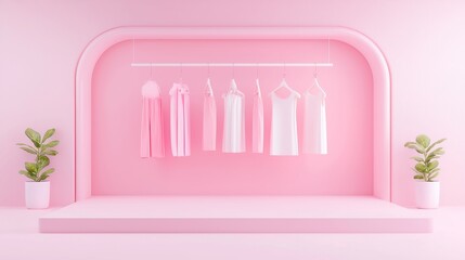 Retro-chic fashion boutique interior, pastel color palettes, stylish outfits, nostalgic yet modern vibe, 3D vector aesthetic, minimalist background, clean and inviting atmosphere