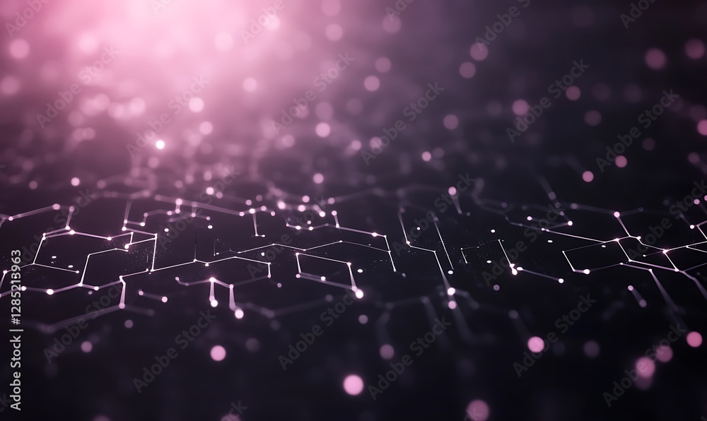 Poster abstract digital background with glowing nodes and connections in purple tones.