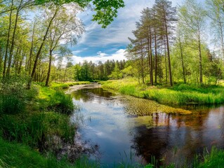 Obraz premium Serene forest river landscape with lush green vegetation and reflections under a vibrant blue sky evokes tranquility and peace.