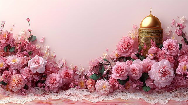 Pink Floral Arrangement with Golden Jar