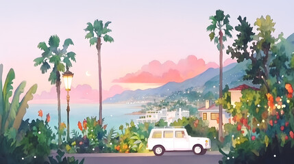 beach sunset scene, gradient sky blending magenta and violet with orange afterglow, Generative AI