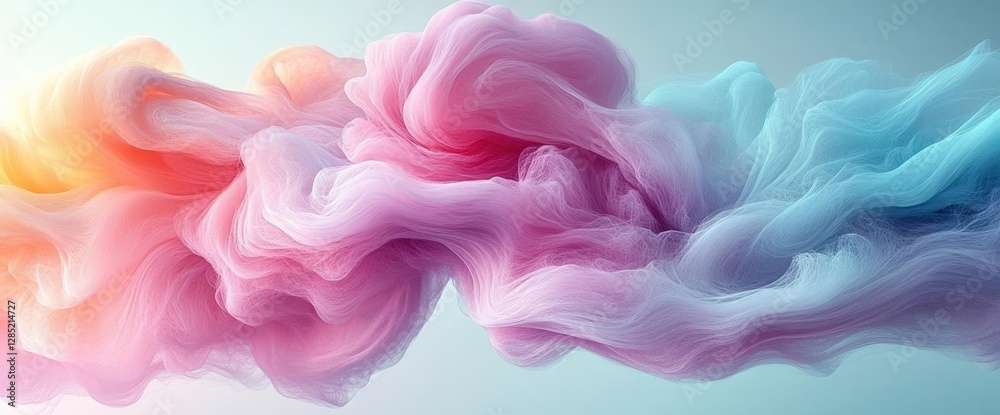 Wall mural Dreamy Abstract Smoke Plume with Pink Blue and Peach Tones on Light Backdrop Represents Ethereal Artistry and Modern Design