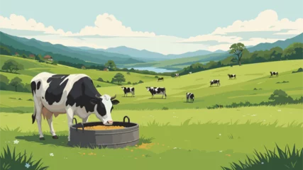 Naadloos Fotobehang Airtex  illustration of cows grazing in a green pasture with rolling hills in the background. The sky is light, suggesting a daytime scene. © Nabil