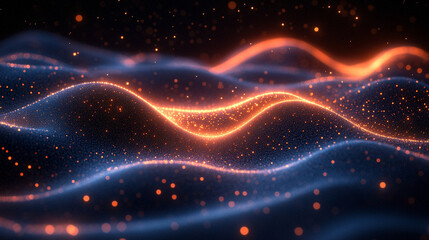 Obraz premium A vibrant glowing wave flows through abstract particles, symbolizing the essence of change and expansion, evoking growth, transformation, and progress in a modern, dynamic setting.