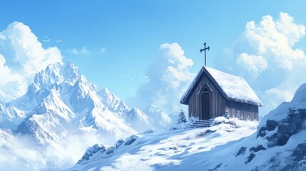 Chapel on Snowy Hill with Mountain Backdrop