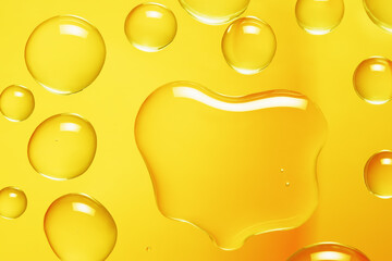 Oil vitamin C serum drops. Cosmetic liquid droplets on yellow background