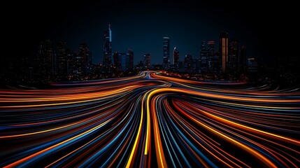 Obraz premium Dynamic night traffic flow urban cityscape long exposure photography vibrant lights aerial perspective motion concept