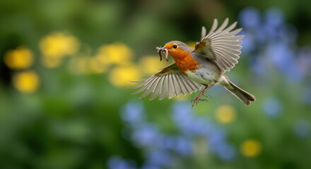 European Robin in Flight Carrying Worms, Against a Floral Background