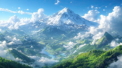 A captivating mountain landscape view, rendered in a charming anime style