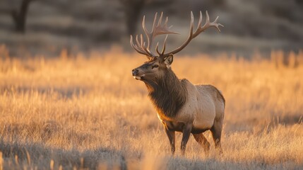 Majestic Elk Standing Proudly in Golden Grassland at Sunset