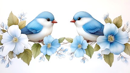 Obraz premium Two Blue Birds Perched on Blooming Light Blue Flowers Romantic Spring Nature Illustration