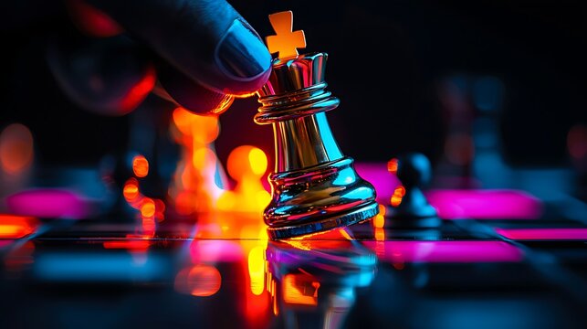 Strategic chess move game room photograph dark lighting close-up competitive spirit