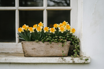 Fototapeta premium A window sill with a flower pot full of yellow flowers