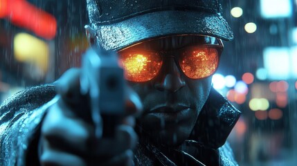 Naklejka premium Gangster with glowing AR weaponry and criminal background info, gritty city setting, soft moody lighting, photorealistic