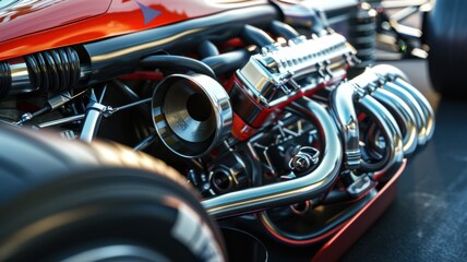 Fototapeta premium A detailed close-up of a race car engine showcasing the intricate exhaust system and chrome pipes, emphasizing the design and engineering excellence of automotive performance.