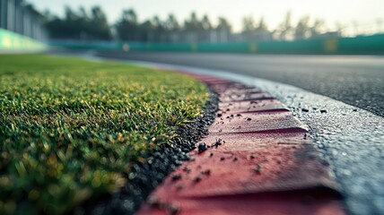 A close-up view of an empty F1 track corner, highlighting the fresh grass and red curbs. The clean asphalt and blurred background create a serene racing atmosphere.
