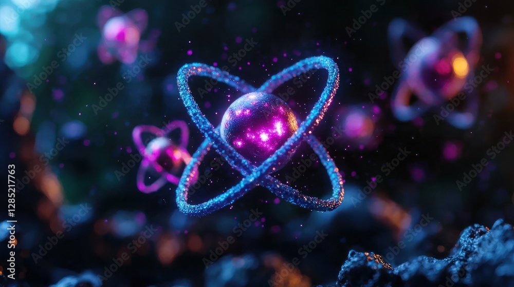 Wall mural vibrant depiction of atomic structures floating in a cosmic environment with glowing particles