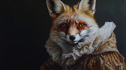 Regal Red Fox in Vintage Dress  Wildlife Art  Portrait Painting