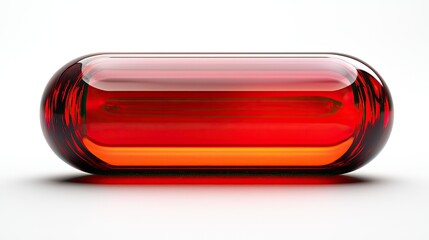 A single red transparent capsule rests on white