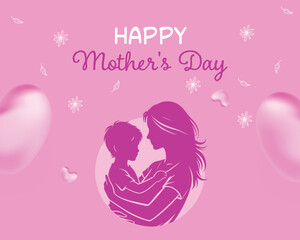 Beautiful Mother's Day background featuring a mother and child silhouette in a loving embrace, surrounded by pink balloons, hearts, and floral elements. Perfect for greeting cards and social media