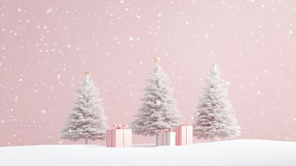 Fototapeta premium Pink Winter Wonderland Snowy Christmas Trees Gifts