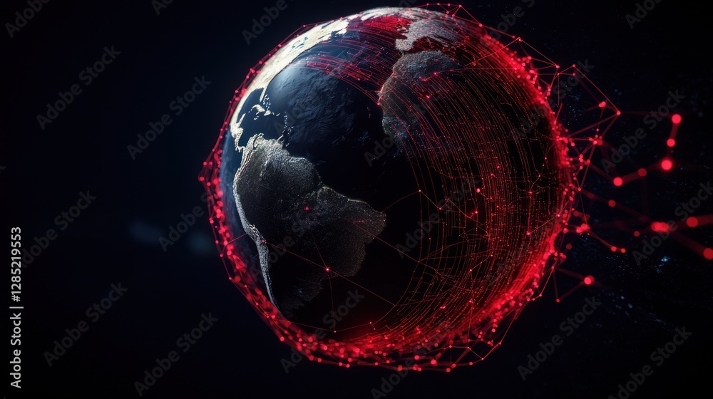 Poster a digital representation of earth surrounded by a web of red connections against a dark backdrop