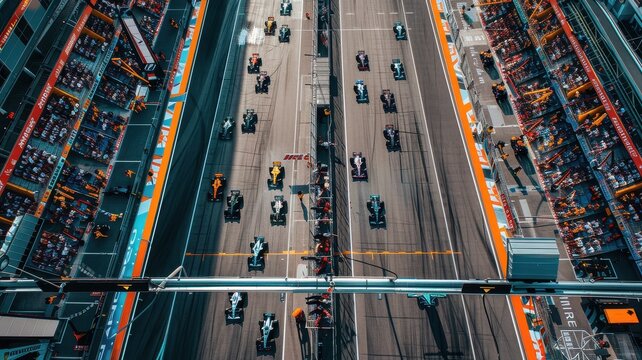 An aerial perspective of the starting grid at an F1 track showcasing multiple cars lined up for a race, highlighting the excitement of motorsport events.