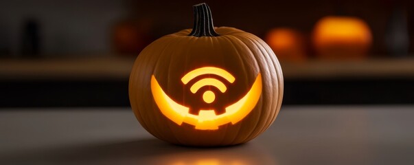 Festive Pumpkin with Glowing WiFi Symbol Carved for Halloween Celebration