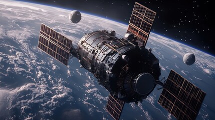 Fototapeta premium A detailed view of a space station orbiting Earth, with moons visible in the background