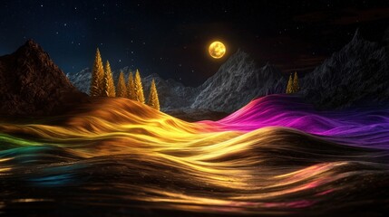Naklejka premium Vibrant surreal landscape at night with colorful waves and mountains under a glowing moon