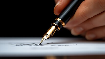 A close-up view of a hand signing a lucrative business contract with a fountain pen, highlighting the formal agreement with signatures and official documents