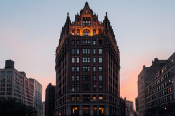 Fototapeta premium A large brick building with a clock tower and a large window