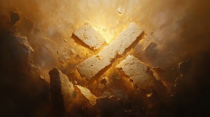 Stone Blocks Arranged in Cross Shape with Golden Lighting