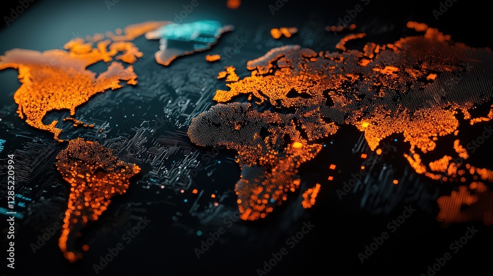 Wall mural abstract representation of a glowing world map with digital elements and vibrant orange highlights