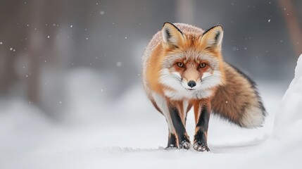 Obraz premium Majestic Red Fox Walking Through Snowy Landscape in Winter Scenery