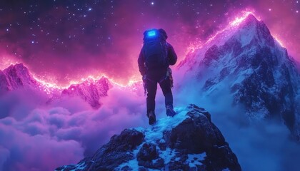 Mountain climber scaling a peak with glowing AR altitude and fitness data, dynamic natural setting, vibrant lighting, photorealistic