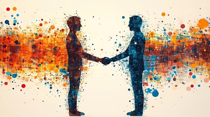 A conceptual image of two figures shaking hands, surrounded by colorful shapes, symbolizing conflict resolution and negotiation