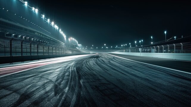A serene view of an empty F1 track illuminated by floodlights at night, showcasing the glossy asphalt and tire marks under a dark sky.