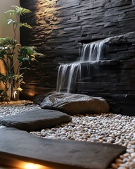 Tranquil indoor waterfall with pebbles.