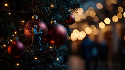 Romantic couple figurine ornament on a Christmas tree with blurred festive lights in the background