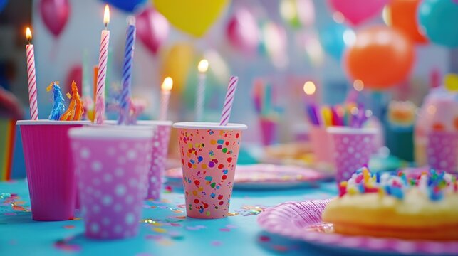 A detailed, high-resolution shot of a birthday party table set with decorative plates, cups, napkins, and colorful streamers, shot in soft, ambient light to highlight the textures and colors