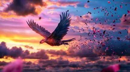 Obraz premium Majestic bird soaring through a vibrant sunset sky, surrounded by colorful flower petals