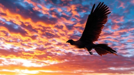 Majestic bird soaring through a vibrant sunset sky with colorful clouds in the background
