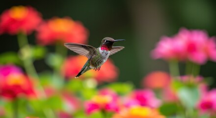 Fototapeta premium Hummingbird Hovering Among Colorful Flowers in a Vibrant Garden Scene