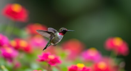 Fototapeta premium Hummingbird Hovering in Garden with Bright Flowers in Summer