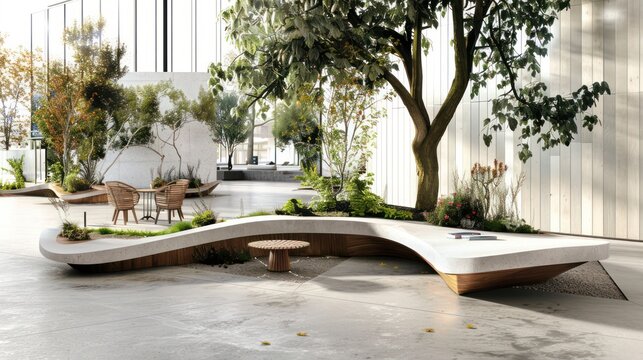 Innovative urban seating with integrated trees and greenery. Modern outdoor furniture design, ideal for public spaces and parks