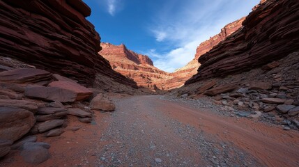 Scenic view of a dusty canyon with towering red rock formations and a clear blue sky