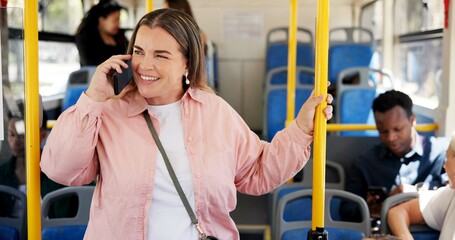 Travel, woman and happy with phone call on bus for morning commute, conversation and ride location....