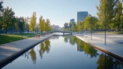 Calm canal park city sunrise